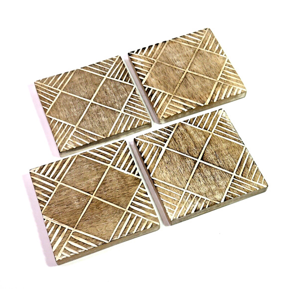 Real Wood Coasters Set of 4 Rustic Carved Geometric Boho Tribal Eclectic 4 Inch - Picture 1 of 5